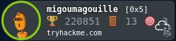 Badge TryHackMe — migoumagouille, niveau 0x5, série de 13 jours