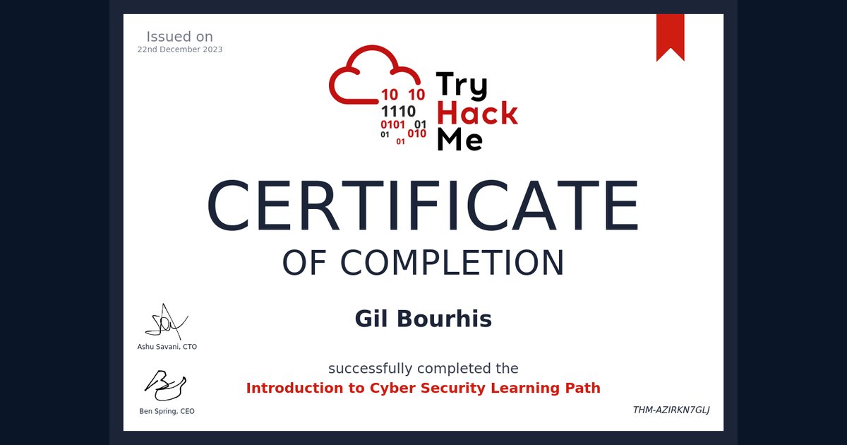Certificat TryHackMe — Introduction to Cyber Security, décerné à Gil Bourhis le 22 décembre 2023