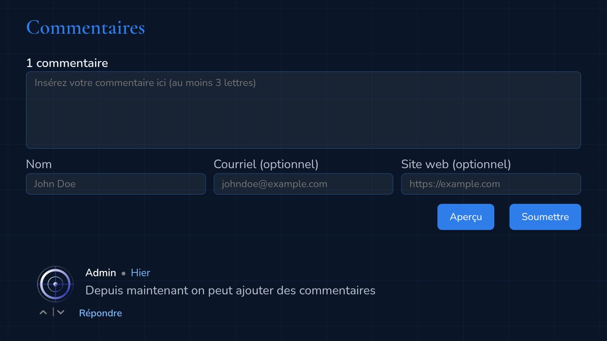 La section Commentaires au bas d'un article : le formulaire en français avec les champs Nom, Courriel et Site web, les boutons Aperçu et Soumettre, et un premier commentaire signé Admin, avec la cible d'alignement.com comme avatar