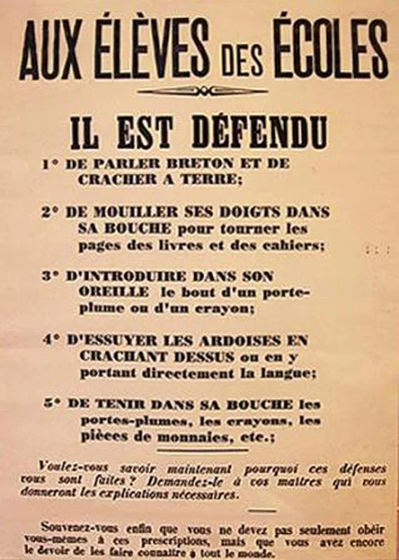 Affiche scolaire ancienne : « Il est défendu de parler breton et de cracher à terre »
