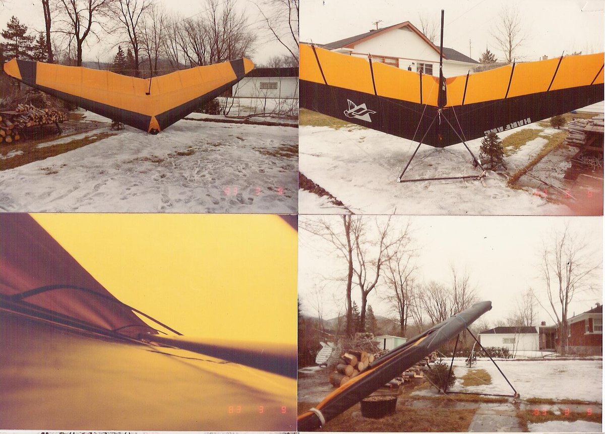 Quatre photos du deltaplane Harfang, aile orange et noire montée dans une cour enneigée, datées du 9 mars 1983