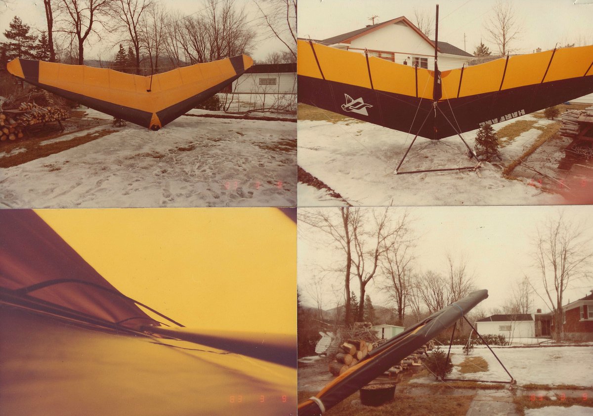 Quatre photos d'une aile delta jaune et noire montée sur son trépied dans une cour enneigée : vue de face, vue de dessous avec un oiseau dessiné sur la voile, gros plan de la voile, et l'aile vue de profil devant une maison
