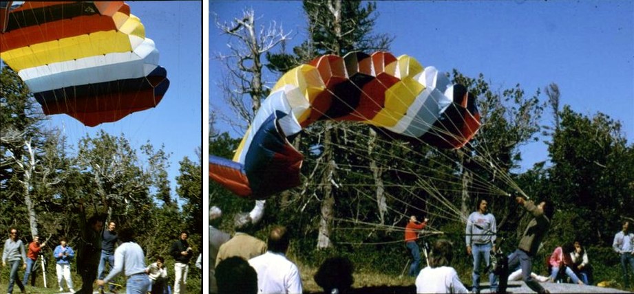 Deux photos du décollage : une voile de parapente rayée rouge, jaune, blanc et bleu gonfle au-dessus du pilote, devant les arbres du sommet, sous le regard d'une dizaine de curieux