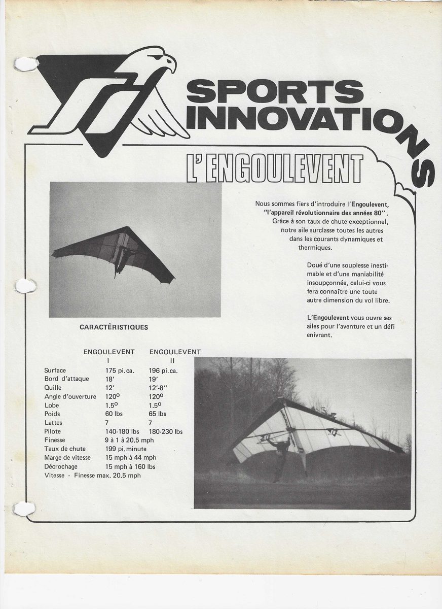 La fiche technique de l'Engoulevent de Sports Innovations : le logo à l'aigle, deux photos de l'aile, l'une en vol, l'autre au sol, et un tableau de caractéristiques