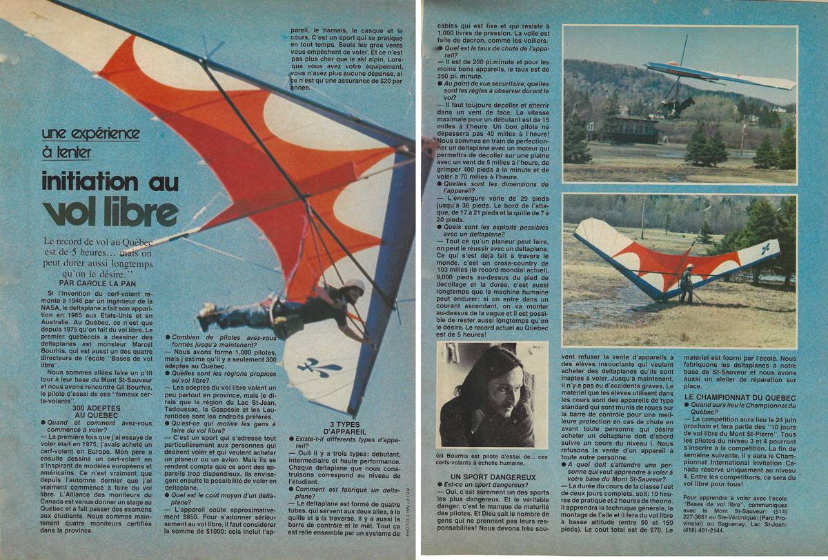 Une page du journal Le Lundi, du 17 juin 1978, consacrée au deltaplane, avec des photos d'ailes et de pilotes